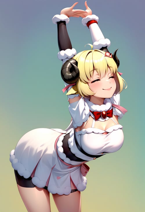 solo,  1girl,  tsunomaki watame \(1st costume\),  hololive,  smile,  closed mouth,  cammystretch,  stretching,  leaning forward,  arms up,  sheep horns,  closed eyes,<lora:EMS-281829-EMS:1.000000>