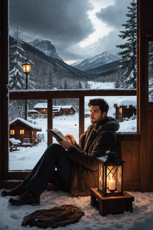 comic book style, Handsome man wearing a bulky fur coat, detailed hair, sitting in a well-lit warm log wood cabin indoors, winter time, cozy scene, detailed reflective eyes, holding a book and lantern, warm lighting, (stormy snow window in the background), luxurious lodge, professional detailed graphic novel illustration, intricate line work, intricate strokes