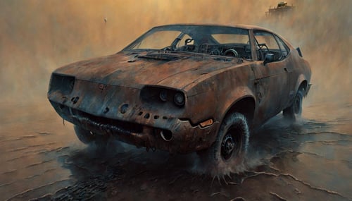 illustration of a cyborg and car, river, city, (((full body))), circle of dust in the background, (digital artwork by Beksinski)  