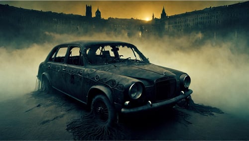 Moody gothic boudoir  illustration of a car, river, city, (((full body))), circle of dust in the background, (digital artwork by Beksinski) . Black lace, candelabra, velvet chaise, romantic and haunting