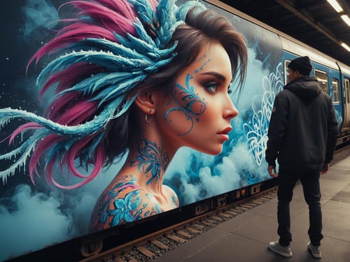 Photograph of  Creating art using graffiti techniques A one Man after lost batttle, cinematic light, a dragon on the sky, portrait , future, frozen,, often on walls, trains, or urban surfaces., captured on a (Hasselblad X1D II 50C)