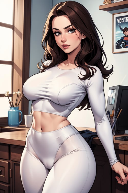 sfw, comic bock superhero illustration, 8k closeup portrait, 30 year old housewife, medium breast, tight white top, tight white leggings, crotch gap, brunette, long hair