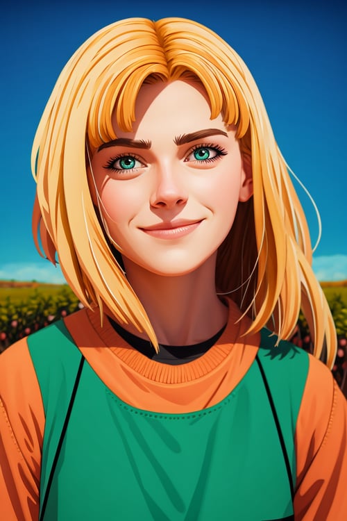 beautiful girl closeup, , [cartoon, vector art, anime :realistic, real life, hyper realistic: symmetrical face, , , dilapidated, backdrop is a peaceful landscape of an orchard, artistic photograph, working in her high-tech garage filled with tools and machines, , , detailed,