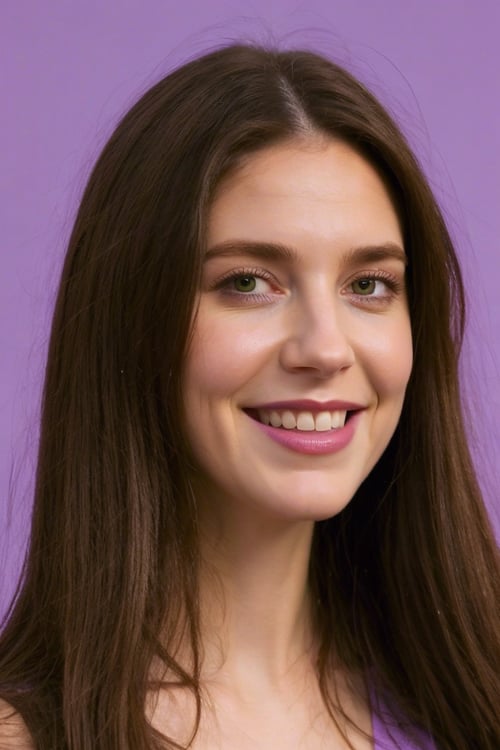 hyper realistic, masterpiece, best quality, ultra detailed, photorealistic, beautiful woman, 35 years old, lavender dress, smile, purple background,European Female