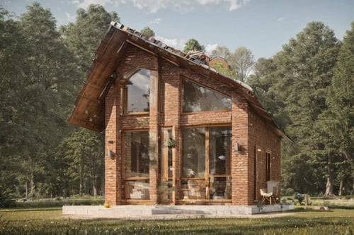 (a small house with chimney,  big window,  metal roof,  wooden floor:1.3),  (shot from outside,  extra long shot,  wide-angle lens,  POV,  DOF:1.2),  (direct sunlight,  dramatic lighting,  ray tracing,  clear shadow,  light pollution:1.1),  (harmonious color:1.1),  brickhouse,<lora:EMS-277822-EMS:0.800000>