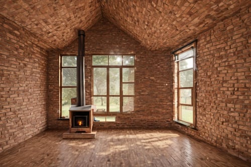 (a small house with chimney,  big window,  metal roof,  wooden floor:1.3),  (shot from outside,  extra long shot,  wide-angle lens,  POV,  DOF:1.2),  (direct sunlight,  dramatic lighting,  ray tracing,  clear shadow,  light pollution:1.1),  (harmonious color:1.1),  brickhouse,<lora:EMS-277822-EMS:0.800000>