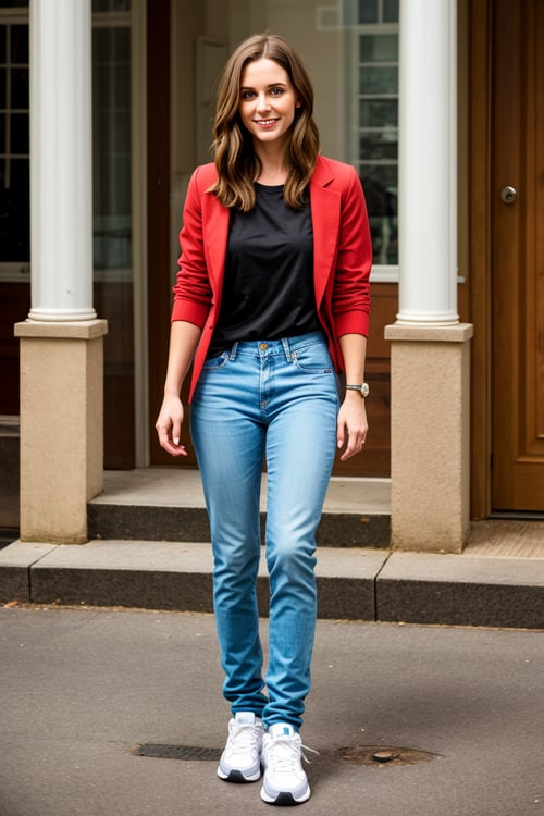 a realistic photo of a 30 year old woman with casual outfit