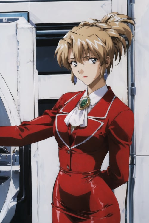 simple background , masterpiece, best quality, 1girl, looking at viewer, ultra detailed, <lora:add_detail:0.5>,medium shot, <lora:aika_FW:1> , folded ponytail, short hair, long sleeves,  red jacket, white shirt, earrings,  ascot, brooch, red jacket, red pencil skirt, red lips,