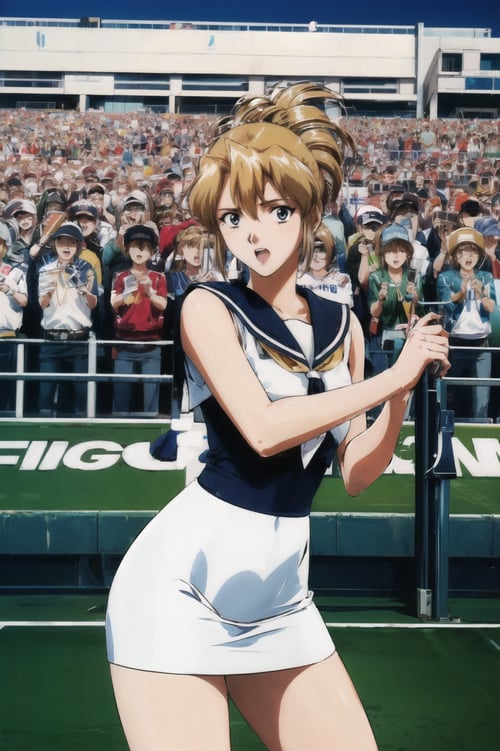masterpiece, best quality, 1girl, looking at viewer, ultra detailed, <lora:add_detail:0.5>, cowboy shot, <lora:aika_FW:1> , folded ponytail,   (stadium, roaring crowd, cheering fans, sporting event:1.3), sailor dress