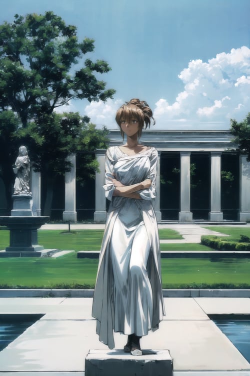 masterpiece, best quality, 1girl, looking at viewer, ultra detailed, <lora:add_detail:0.5>, cowboy shot, <lora:aika_FW:1> , folded ponytail,   (sculpture garden, art installations, serene surroundings, contemplation:1.3), ghost costume