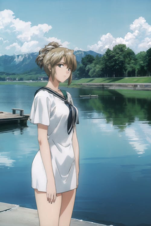 masterpiece, best quality, 1girl, looking at viewer, ultra detailed, <lora:add_detail:0.5>, cowboy shot, <lora:aika_FW:1> , folded ponytail,   (lake, calm waters, scenic shoreline, tranquil:1.3), capelet