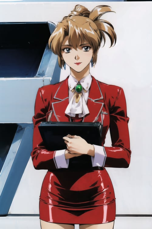 simple background , masterpiece, best quality, 1girl, looking at viewer, ultra detailed, <lora:add_detail:0.5>,cowboy shot, <lora:aika_FW:1> , folded ponytail, short hair, long sleeves,  red jacket, white shirt, earrings,  ascot, brooch, red jacket, red pencil skirt, red lips, smile