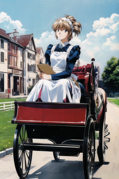 masterpiece, best quality, 1girl, looking at viewer, ultra detailed, <lora:add_detail:0.5>, cowboy shot, <lora:aika_FW:1> , folded ponytail,   (carriage ride, horse-drawn, historic tour, leisurely:1.3), maid
