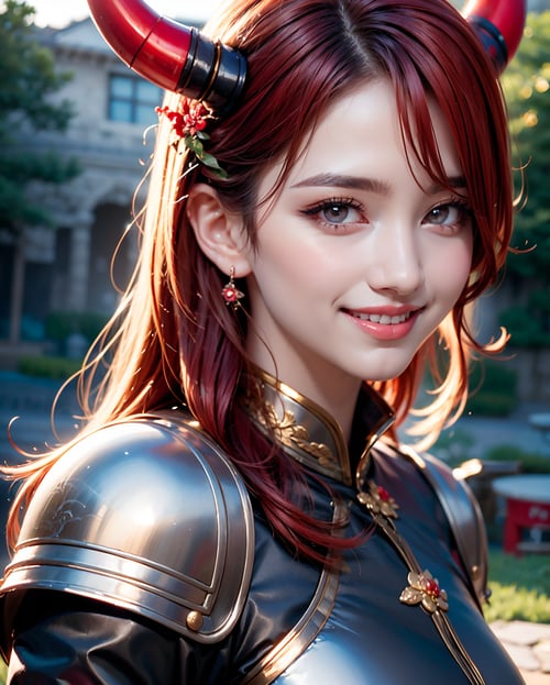 1dragon girl, wearing a dragon armor, long red hair, fantasy, dragon horns, , photo of perfecteyes eyes, Realism,photo of perfecteyes eyes,Realism,Extremely Realistic, upper body, bright smile, front view, 