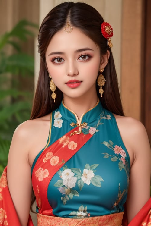 1girl, solo, long hair, looking at viewer, brown hair, hair ornament, brown eyes, upper body, blurry, lips, blurry background, chinese clothes, floral print, realistic, red lips