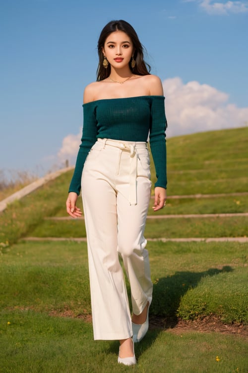 Best quality, masterpiece, ultra high res, (photorealistic:1.4), raw photo, big breasts, in the dark, deep shadow, 1girl, solo, long hair, breasts, looking at viewer, brown hair, black hair, long sleeves, dress, bare shoulders, jewelry, green eyes, standing, full body, flower, earrings, outdoors, parted lips, sky, day, pants, cloud, wide sleeves, off shoulder, white dress, high heels, blue sky, lips, sash, grass, plant, building, stairs, white pants, green footwear
