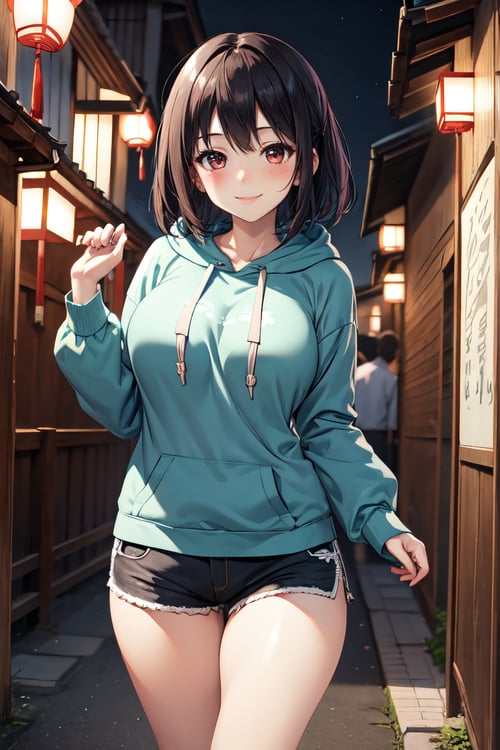 1 girl, solo,hoodie, mini shorts,large breasts,dynamic composition, blush, smile, outdoor, traditional Japanese building,