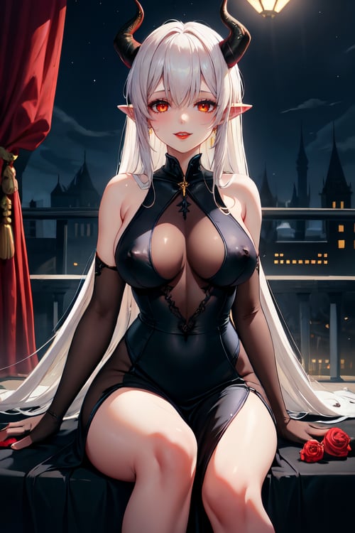 1girl,solo, night, demon girl, gown, pointy ears, huge horn, black dress, wedding dress,  castle, demon realm,horror theme, medium breasts, masterpiece, best quality, absurdres, dynamic angle, cinematic lighting, depth of field, looking at viewer, smile, parted lips, red rose, see-through dress, transparent outfit, covered nipples, bodystocking,  thorns,  red lips, sitting,