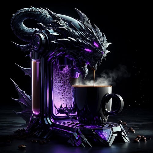 <lora:DraconicTech-15:0.8> draconictech, scifi,obsidian , iridescent,   <lora:add_detail:0.5>coffee machine, coffee mug,