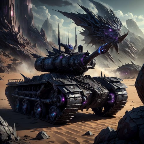 <lora:DraconicTech-15:0.8> draconictech, scifi,obsidian , iridescent,   <lora:add_detail:0.5>war tank, outdoors, in a desert, cannons