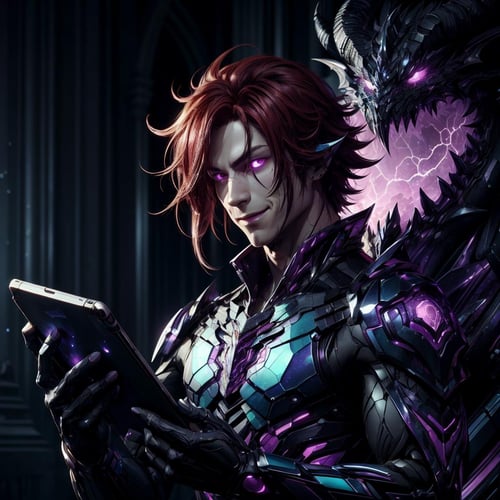<lora:DraconicTech-15:0.8> draconictech, scifi,obsidian , iridescent,   <lora:add_detail:0.5>scholar , scroll, 1boy,long hair, red hair, glowing eyes, smile ,closed mouth, multicolored hair, holding a tablet