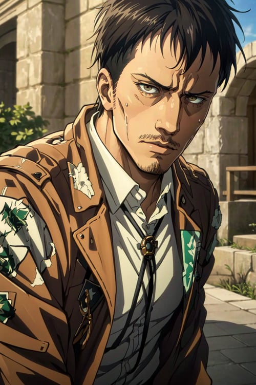 (1 image only), solo male, 1boy, Nile Dok, Attack on Titan, lean, facial hair, light mustache, light goatee, dark brown eyes, black hair, short hair, paradis military uniform, bolo tie, handsome, mature, charming, alluring, upper body in frame, perfect anatomy, perfect proportions, 8k, HQ, (best quality:1.2, hyperrealistic:1.2, photorealistic:1.2, masterpiece:1.3, madly detailed photo:1.2), (hyper-realistic lifelike texture:1.2, realistic eyes:1.2), high_resolution, perfect eye pupil, dutch angle