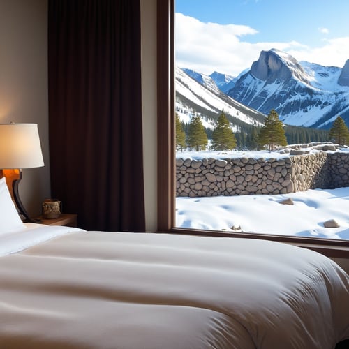 ((Hyper-Realistic)) photo of a bedroom of winter resort,indoors,bed,window,(fantastic view of national park over windows,high-rise rock,snow grass,snow trees,yglac1er),
aesthetic,rule of thirds,depth of perspective,studio photo,trending on artstation,(wide shot),(Hyper-realistic photography,masterpiece,ultra-detailed,intricate details,16K,sharp focus,high contrast,kodachrome 800,HDR:1.2),
real_booster,ani_booster,w1nter res0rt,art_booster,H effect,y0sem1te