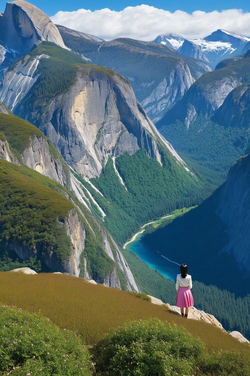 ((Hyper-Realistic)) photo of a beautiful girl standing in a vista point of a national park,(kuchiki rukia),20yo,detailed exquisite face,detailed soft skin,hourglass figure,perfect female form,model body,(perfect hands:1.2),(elegant white jacket, pink shirt and blue skirt),(backdrop: beautiful vista point \(yglac1er\) with a big rock soaring in the center with mountain,tree and grass),(girl and rock focus)
BREAK 
aesthetic,rule of thirds,depth of perspective,perfect composition,studio photo,trending on artstation,cinematic lighting,(Hyper-realistic photography,masterpiece, photorealistic,ultra-detailed,intricate details,16K,sharp focus,high contrast,kodachrome 800,HDR:1.2),by Karol Bak,Gustav Klimt and Hayao Miyazaki, real_booster,art_booster,ani_booster,y0sem1te,H effect,yva11ey1