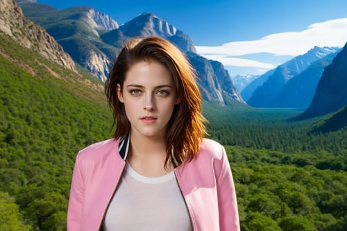 ((Hyper-Realistic)) photo of a beautiful 1girl standing in valley of a national park,(kristen stewart),20yo,detailed exquisite face,detailed soft skin,hourglass figure,perfect female form,model body,(perfect hands:1.2),(elegant pink jacket, white shirt and yellow skirt),(backdrop: valley with mountain and rock on the left and right side of scene, forest in the center,river and lake reflecting sunlight beautifully,vibrant color,bright),(girl focus)
BREAK 
aesthetic,rule of thirds,depth of perspective,perfect composition,studio photo,trending on artstation,cinematic lighting,(Hyper-realistic photography,masterpiece, photorealistic,ultra-detailed,intricate details,16K,sharp focus,high contrast,kodachrome 800,HDR:1.2),real_booster,art_booster,ani_booster,y0sem1te,H effect,(yva11ey1:1.2)