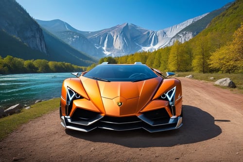 ((Hyper-Realistic)) photo of 1 car \(2013 Lamborghini Egoista designed by Walter de Silva\) parked,(backdrop: beautiful mountain with river,lake,tree,forest,rock and reflection in water),Front view,well-lit,(dark silver body color with blue tone:1.2),red and black stylish alloy wheels,(car and mountain focus)
BREAK 
aesthetic,rule of thirds,depth of perspective,perfect composition,studio photo,trending on artstation,cinematic lighting,(Hyper-realistic photography,masterpiece, photorealistic,ultra-detailed,intricate details,16K,sharp focus,high contrast,kodachrome 800,HDR:1.3), real_booster,art_booster,ani_booster,H effect,y0sem1te, ygalc1er