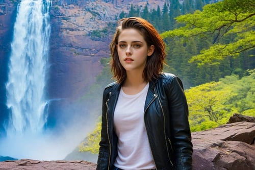((Hyper-Realistic)) photo of 1girl in front of waterfall in national park,mountain,rock and trees near the waterfall,20yo girl \(Kristen Stewart\) wearing elegant jacket and skirt,detailed exquisite face,doft shiny skin,model body,girl focus
BREAK 
aesthetic,rule of thirds,depth of perspective,perfect composition,studio photo,trending on artstation,cinematic lighting,(Hyper-realistic photography,masterpiece, photorealistic,ultra-detailed,intricate details,16K,sharp focus,high contrast,kodachrome 800,HDR:1.2),real_booster,art_booster,ani_booster,y0sem1te,H effect,(yfa11:1.2)