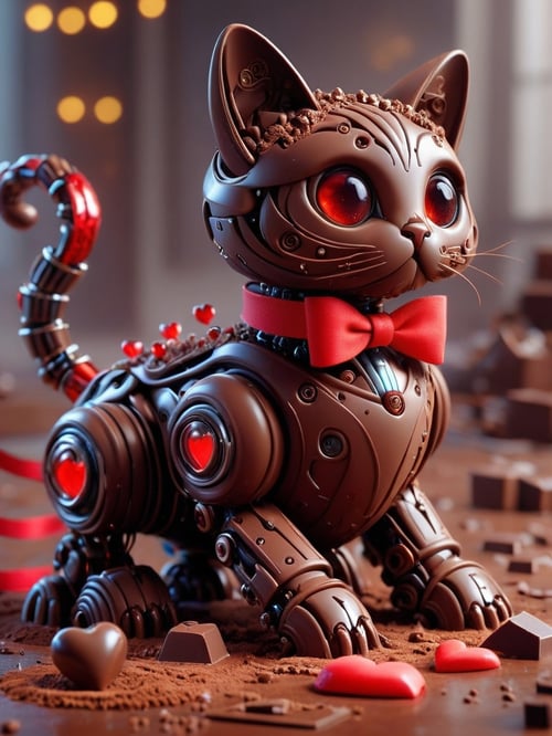scifi, ValentineTech, chocolate, tasty details, robotic cat, blurry_background, , hyper detailed