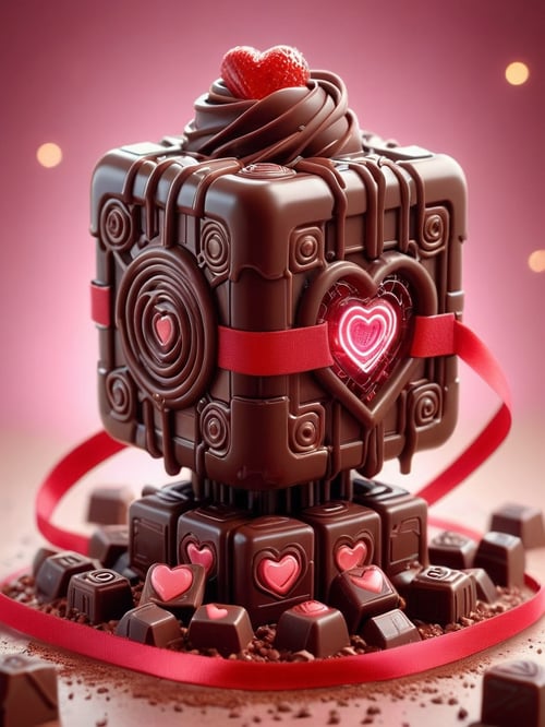 scifi, ValentineTech, chocolate, tasty details, weighted_companion_cube, blurry_background,  , hyper detailed
