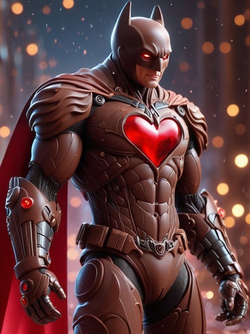 scifi, ValentineTech, chocolate, tasty details, batman suit, blurry_background,  , hyper detailed