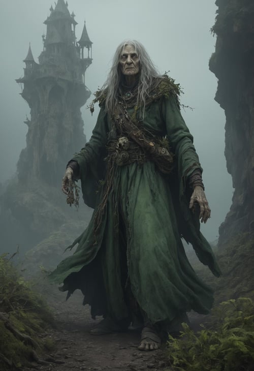 medium shot, DonMM1y4XL old woman, male dreadnought  necrotic magic creeping miasmic fog that clings to the ground, sickly green-purplish color, a feeling of decay and corruption, withering plants and rusting metal, whisper of mortality, cliffs, a-frame roof,  <lora:DonMM1y4XL-v2rb>,