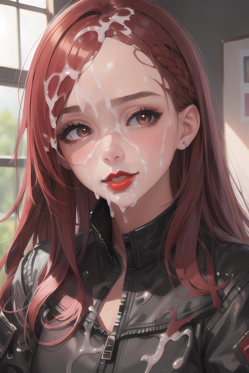 masterpiece, best quality, perfect lighting, 1girl, upper body, depth of field, indoors, close-up, detailed face, black jacket, red hair, long hair, messy hair, red lips, cum, detailed cum, (facial:1.2), <lora:csenhance_v1:0.9>, <lora:disgusted_face:0.95>
