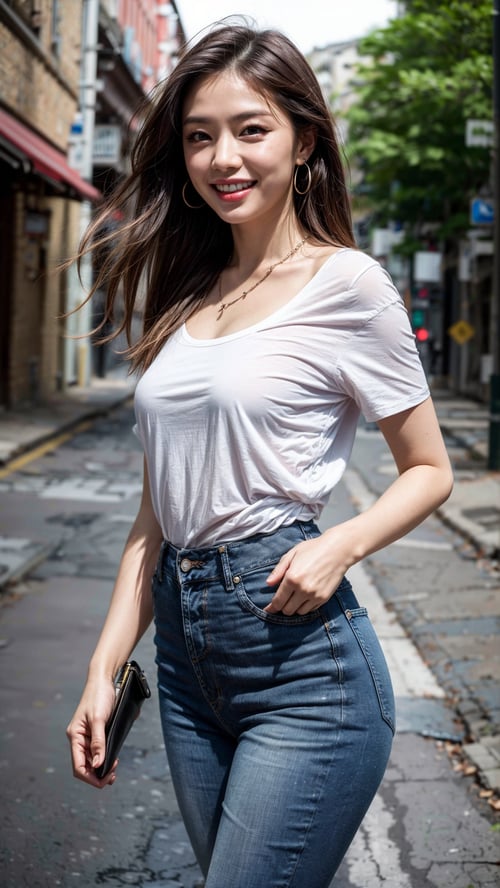 (Masterpiece, 8k, Best quality, realistic, UHD:1.2), a beautiful Korean woman, (shoulder length dark brown hair), sharp focus, natural medium breasts, wide hips, slender legs, plump body, soft curves, double eyelids, dark brown eyes, glossy plump lips, bright smile, detailed skin texture, highly details, hyper realistic photo, necklace, earrings, front shot, temple, shame, smile, white teeth, portrait, high heels, jeans, t-shirt, detailed facial, detailed hair, detailed fabric rendering 