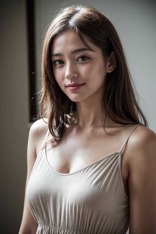 Best quality, raw photo, photorealism, UHD, lifelike rendering, Photo of Beautiful Japanese woman, early-twenty, (medium dark brown hair), double eyelids, dark brown eyes, glossy lips, natural medium-large breasts, (pale skin:1.3), daily outfit, tulle-chiffon floral loose dress, sharp focus, smile, gaze at camera, from front below, closed to up, detailed fabric rendering, natural lightning, ray tracing 