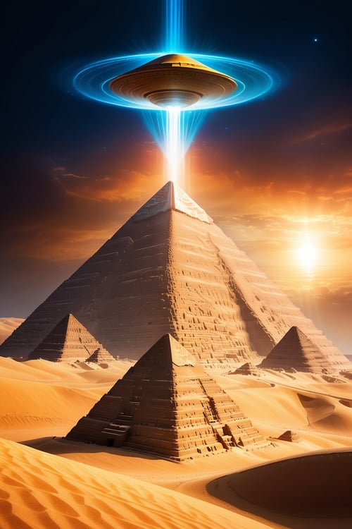Experience the wonder of ancient Egypt with a modern twist - imagine UFOs soaring above the majestic pyramids, their otherworldly lights casting an eerie glow on the sand below.