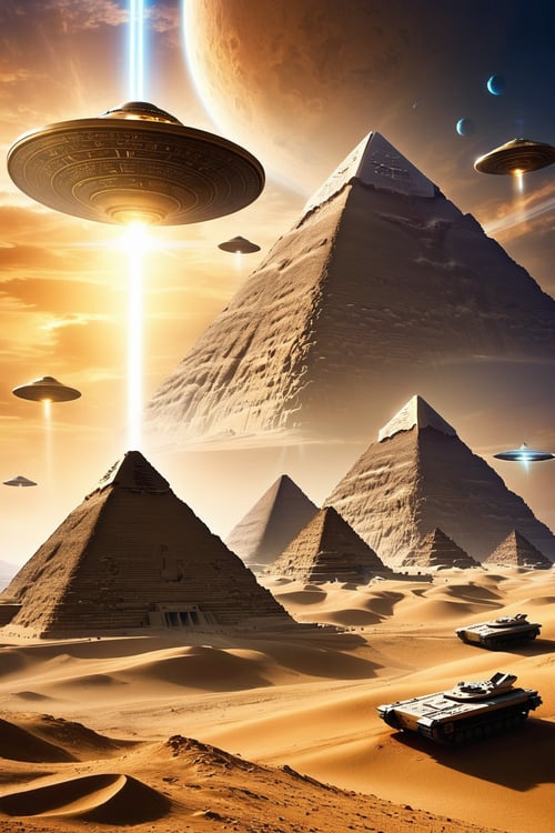 Step into a world where the past and the future collide - witness the enigmatic Egyptian pyramids surrounded by a fleet of UFOs, their advanced technology a stark contrast to the ancient structures,
