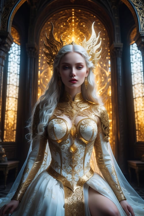 A breathtaking view from below of an exceptionally angular pale demon, full body view, (perfect body) standing atop a majestically intricate throne, The immense throne room is bathed in an eerie, otherworldly light, casting the queen and her surroundings in an ethereal glow. (wide angel shot cinematic) The skinny queen herself wears nothing. Her long, flowing hair is pure white,, billowing around her shoulders and back, and her pale skin is adorned with elaborate gold filigree tattoos that twist and curl across her body, hinting at ancient and powerful magic. Her face is exquisite yet terrifying, a testament to her otherworldly beauty, The throne on which she sits is carved from bones and adorned with skulls, a grim reminder of her power, opulent castle gold filigree scenery, intricate, glowing, illuminary, golden hour, masterpiece, view from below ((2.5D:1.3)), hyper HDR, depth of field, MASTERPIECE, bathed in a golden glow, millions of white petals, and soft pillows, flat chested,