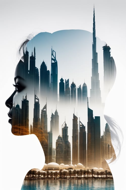 Silhouette of a woman filled with the scene of Dubai in 1980s , double exposure, white background