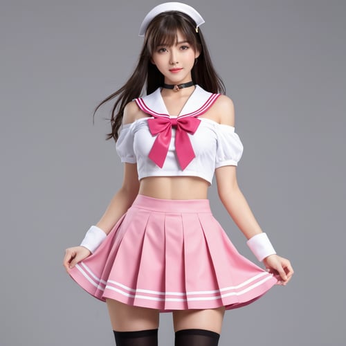 (Full body:1.5), 3D style, 1girl, solo, (((Huge breasts))), cleavage, navel, Choker, A young girl with long dark-brown hair and straight bangs, fair skin, and a slim build, She is wearing an elegant pink off-the-shoulder, Pink and white style Japanese bikini sailor suit school uniform, Sailor uniform bow tie, A very pretty short pink ruffle style skirt, Black Stockings, Black leather shoes, Simple Background, Gray Background, 