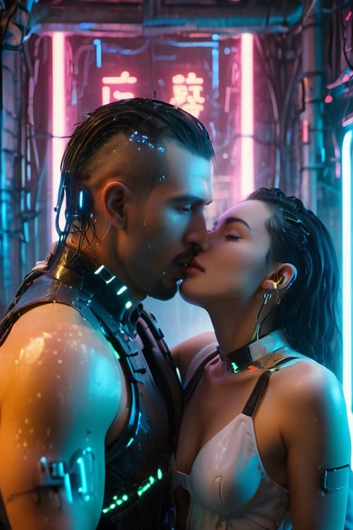 In Cyberpunk Couples Hotel, a man is kissing a woman's mouth, wet kissing, and neon lights are shining on two couples. A woman's mouth is very open and comfortable.