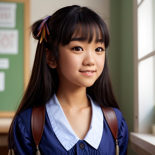 (masterpiece:1.3), wallpaper, view from above, profile of smiling (AIDA_LoRA_MomoS:1.15) <lora:AIDA_LoRA_MomoS:0.72> in a schoolgirl outfit posing for a picture in the classroom, little asian girl, pretty face, open mouth, dramatic, insane level of details, studio photo, kkw-ph1, (colorful:1.1)
