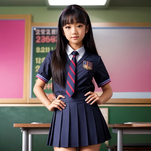 (masterpiece:1.3), extra resolution, view from below, full body portrait of beautiful (AIDA_LoRA_MomoS:1.08) <lora:AIDA_LoRA_MomoS:0.75> in a school uniform posing in the classroom, indoors, little asian girl, pretty face, naughty, insane level of details, studio photo, studio photo, kkw-ph1, hdr, f1.7, getty images, (colorful:1.1)