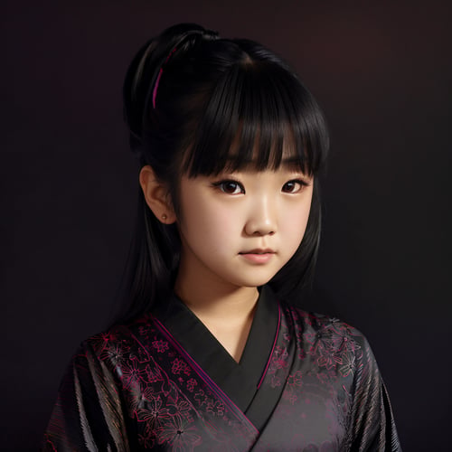 extra resolution, looking back, close up of charming (AIDA_LoRA_MomoS:1.01) <lora:AIDA_LoRA_MomoS:0.69> as little asian girl, pretty face, flirting, wearing kimono, kimono dress, Japanese national dress, dramatic, insane level of details, intricate pattern, studio photo, trending on getty images, (colorful:1.1), (black background:1.5)