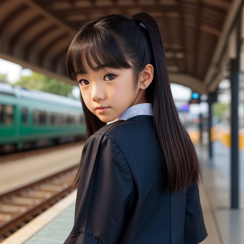 best quality, looking back, portrait of adorable (AIDA_LoRA_MomoS:1.07) <lora:AIDA_LoRA_MomoS:0.77> in a black pearl school uniform waiting a train on the station, outdoors, little asian girl, pretty face, naughty, dramatic, studio photo, studio photo, kkw-ph1, hdr, f1.7, getty images, (colorful:1.1)