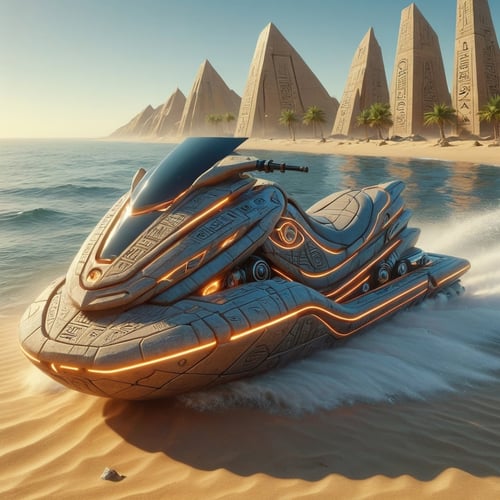 scifi, egyptTech, jetski on the coast,  , hyper detailed