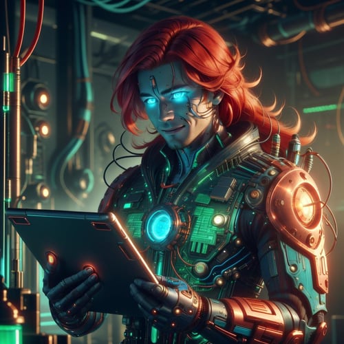 <lora:CircuitryTech-20:0.8>, circuitrytech ,scifi, cables, cmos circuitry, copper ,scholar , scroll, 1boy, man, long hair, (red hair,:1.3) glowing eyes, smile ,closed mouth, multicolored hair, holding a tablet, in a lab, hair flowing over, standing,